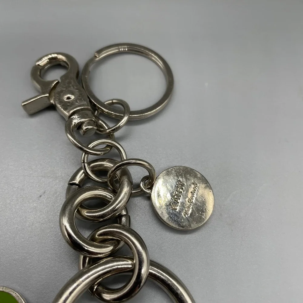 Kathy Van Zeeland Fleur De Lis Rhinestone Heart Bag Charm Keychain Silver Green
